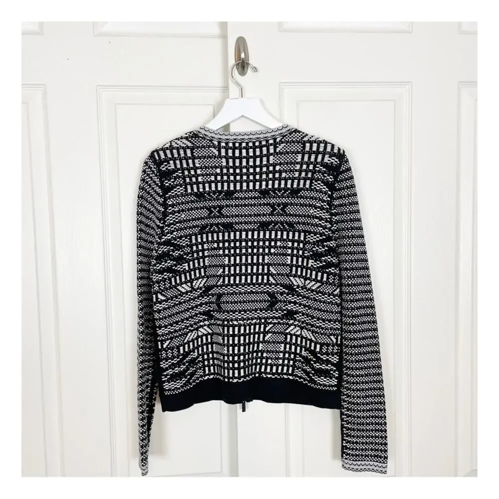 Karen Millen Jacquard Zip Cardigan Embroidered Black Graphic Pattern NWT Sz 4